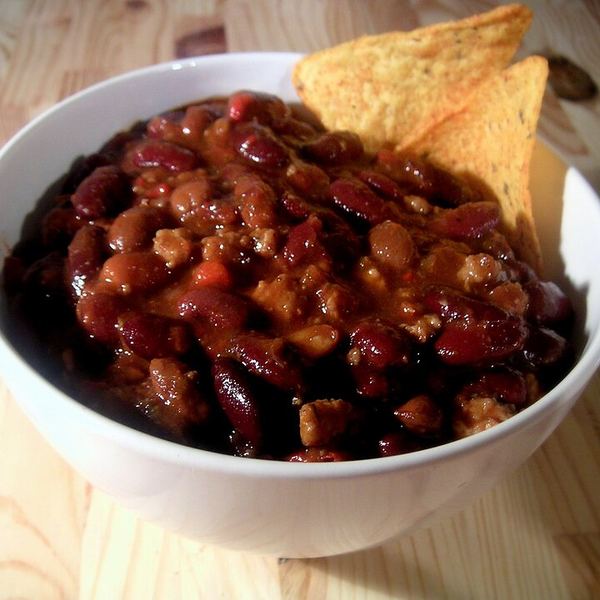A bowl of beef chili, the version most people picture.