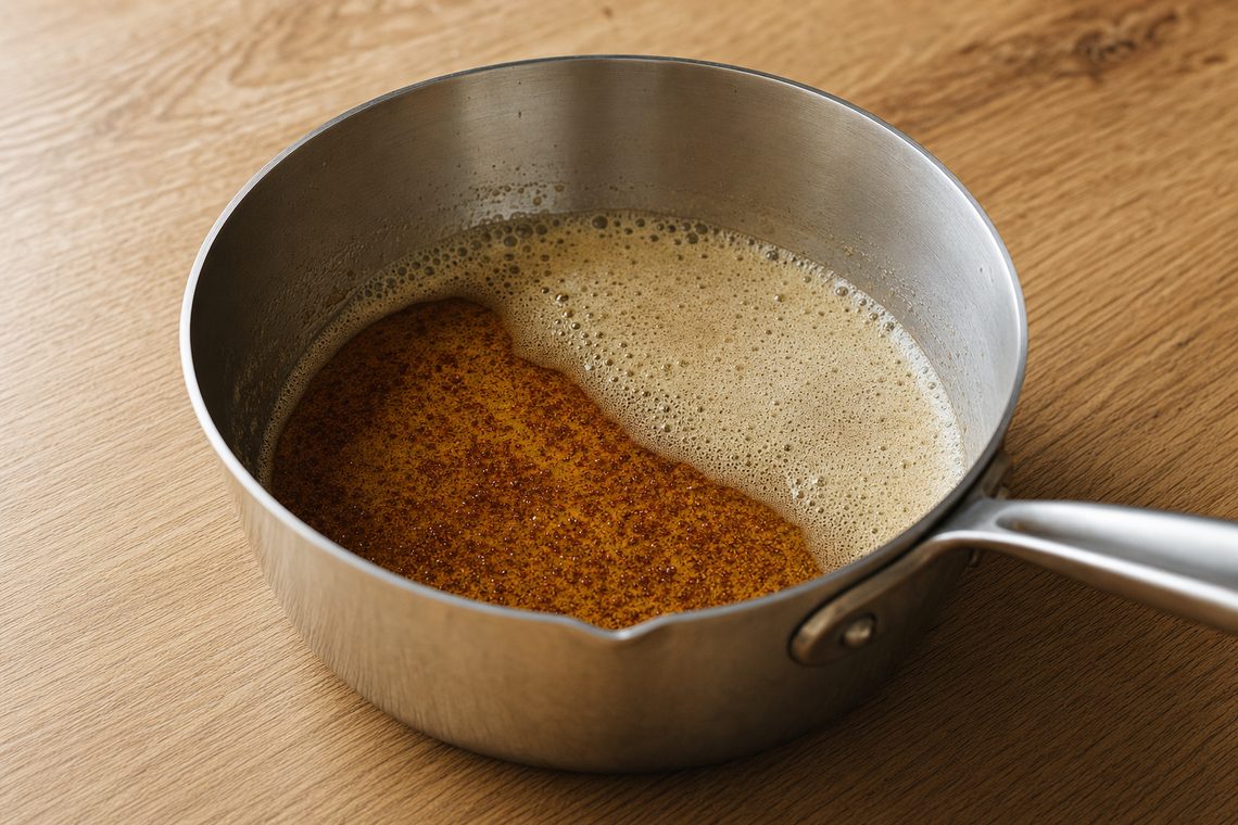 Butter browning in a light saucepan, foam broken at one edge and toasted milk solids visible on the base.