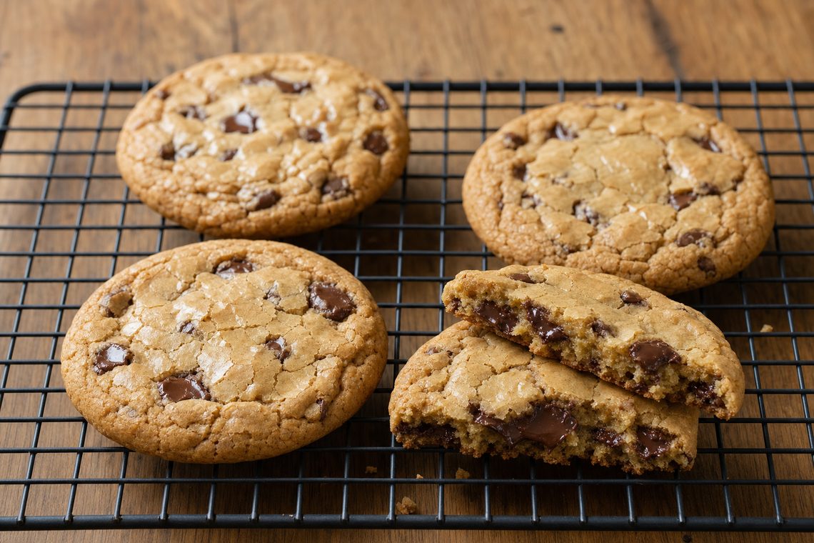 Dense and chewy with a shiny, crackled top like a brownie.