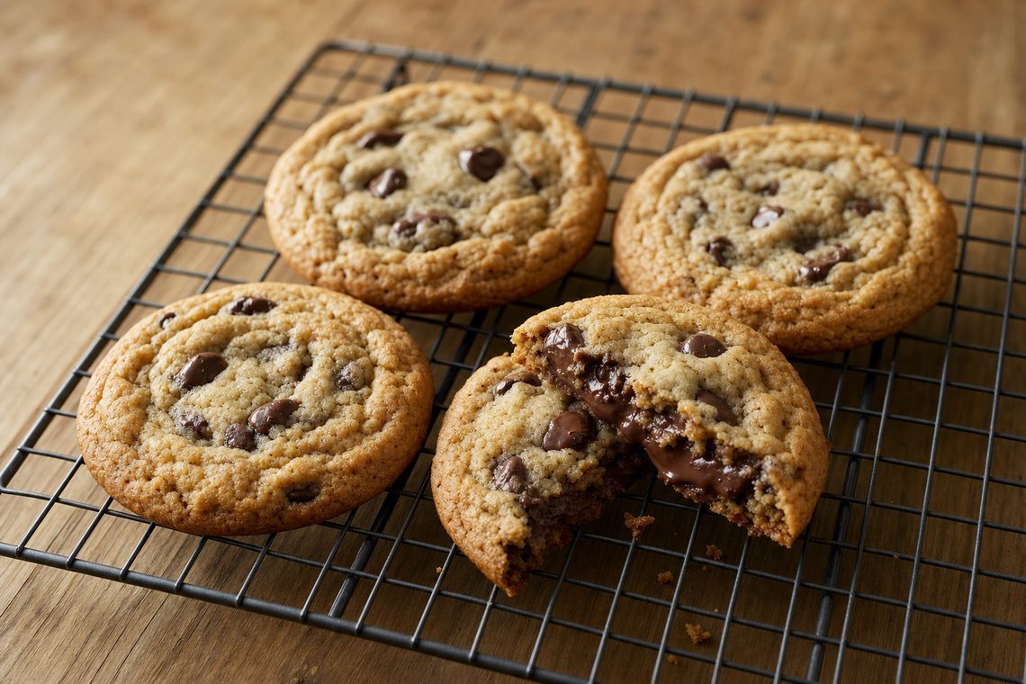 Chewy, thick-ish, chocolate-forward. The one most people mean when they say chocolate chip cookie.