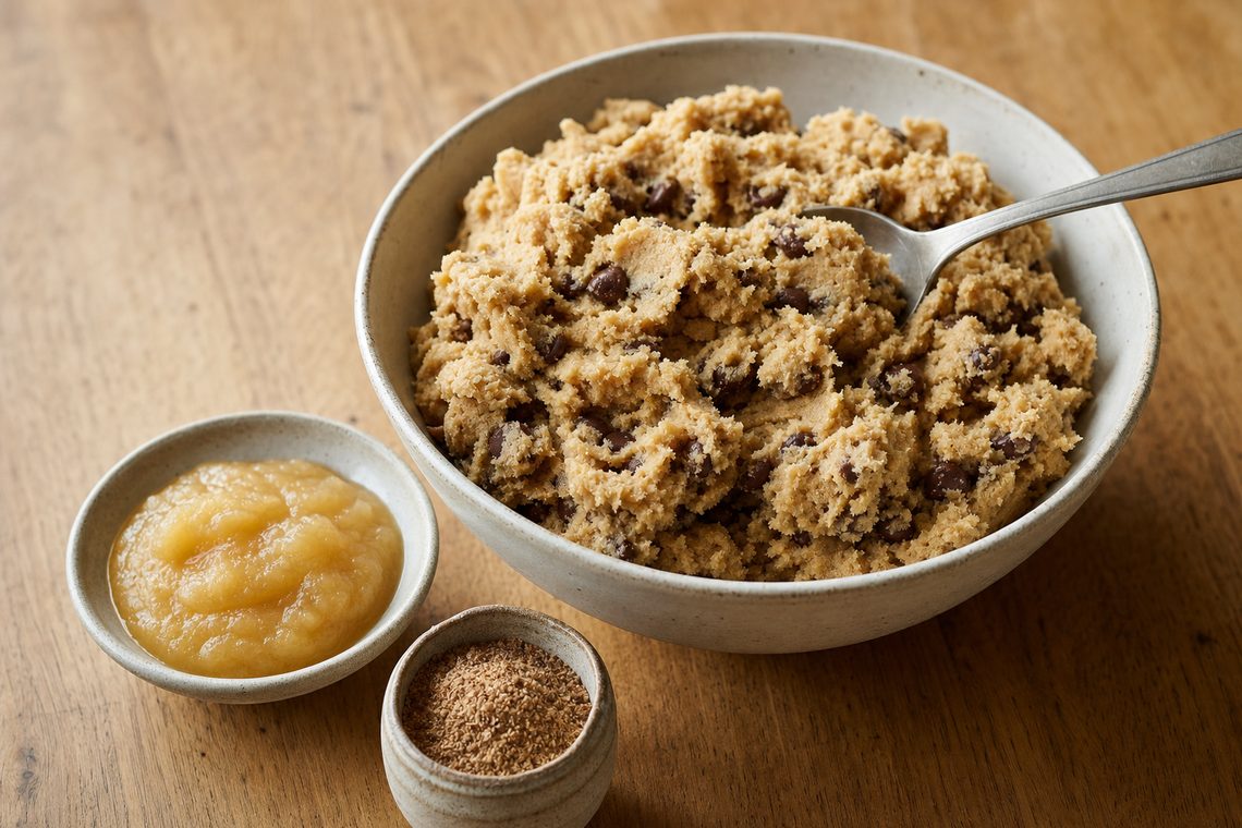 A bowl of egg-free cookie dough with applesauce and ground flaxseed beside it.