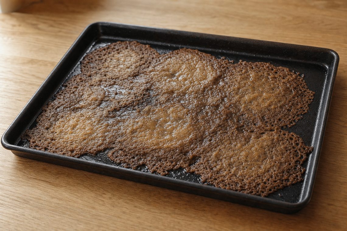 ONE DARK BAKING SHEET on the oak surface holding a batch of genuinely FAILED cookies: spread so far they have run into each other into one uneven sheet, very thin, greasy and translucent in the middle, over-browned and lacy at the edges, with visible grease pooled on the pan.