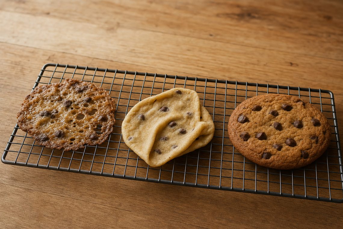 ONE WIRE RACK on the oak surface holding three clearly different FAILED chocolate chip cookies, well separated, left to right.