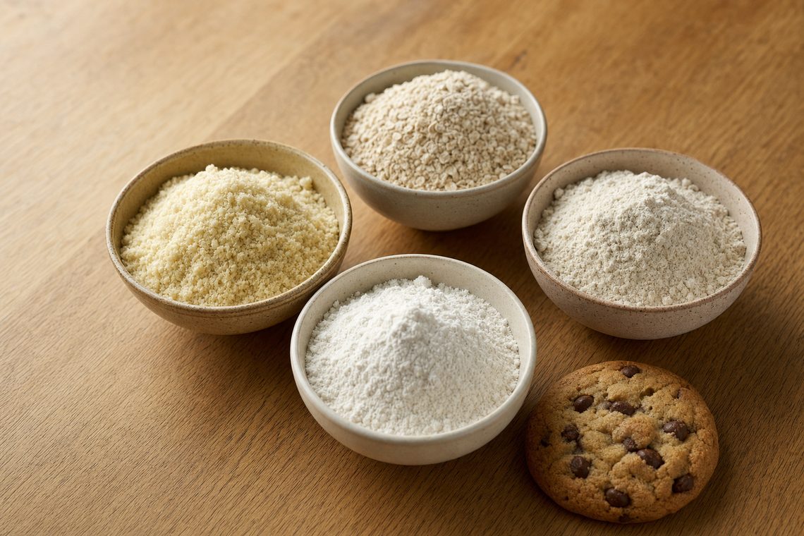 Bowls of almond, oat and rice flour and a commercial blend, beside one finished chocolate chip cookie.