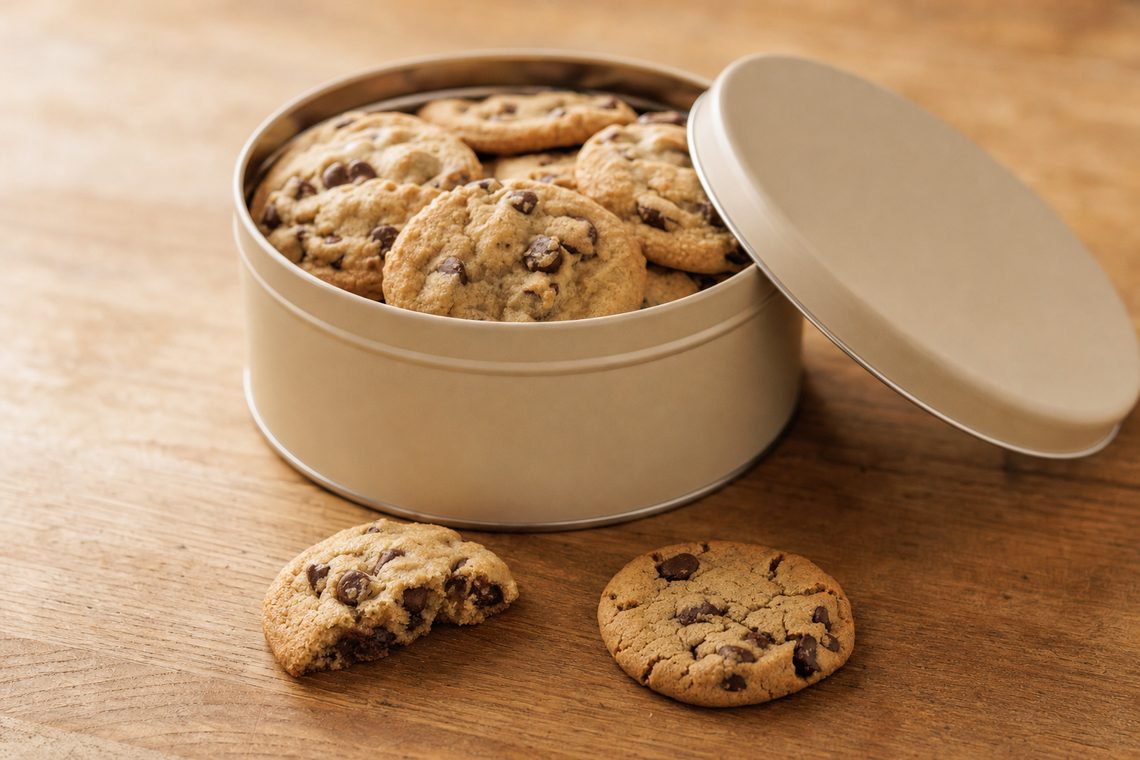 An open tin of cookies with a soft fresh one and a drier day-old one set out in front.