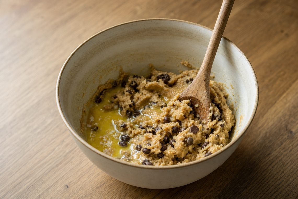 Cookie dough part-mixed in a single bowl with a wooden spoon and melted butter poured in, no mixer in sight.
