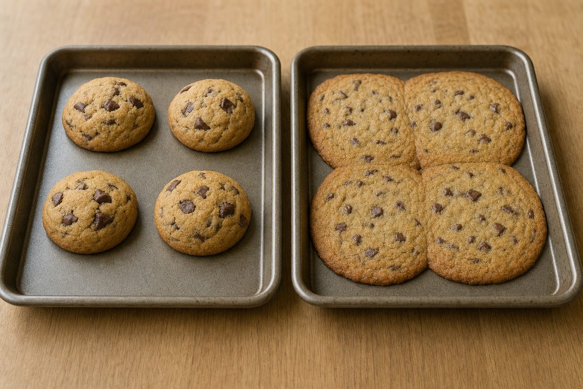 TWO BAKING SHEETS side by side on the oak surface, each holding four cookies from the same dough.