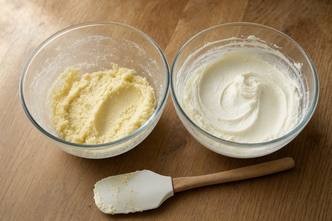 Butter and sugar being creamed together in a mixing bowl.