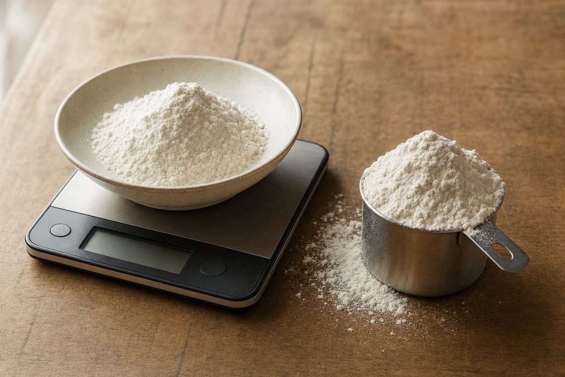 A small digital kitchen scale on the oak surface with a mound of white flour in a shallow bowl on its platform.