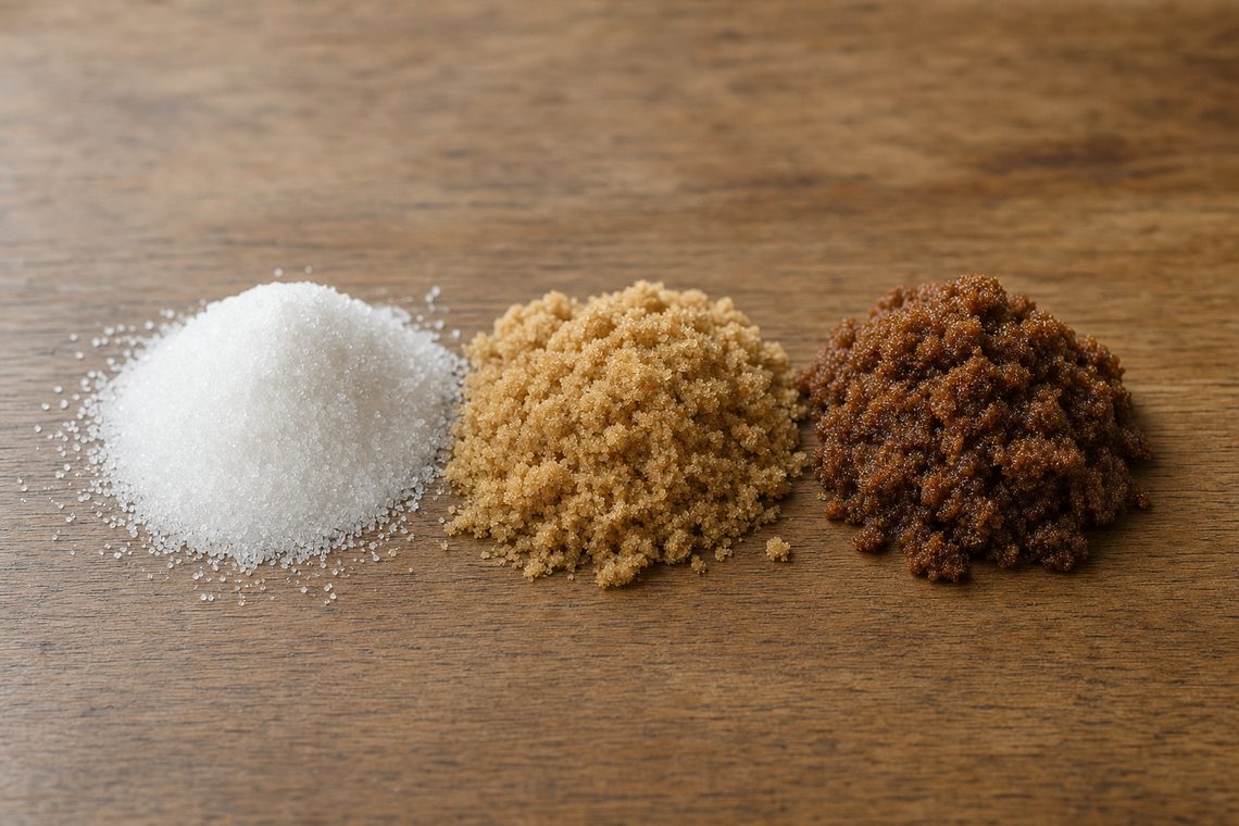 White, light brown and dark brown sugar side by side, the brown ones packed and visibly damp.
