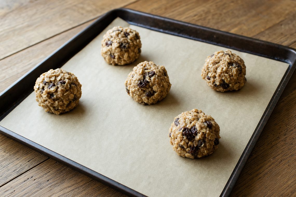 Tall rough balls of oatmeal cookie dough on a lined tray, left unflattened.