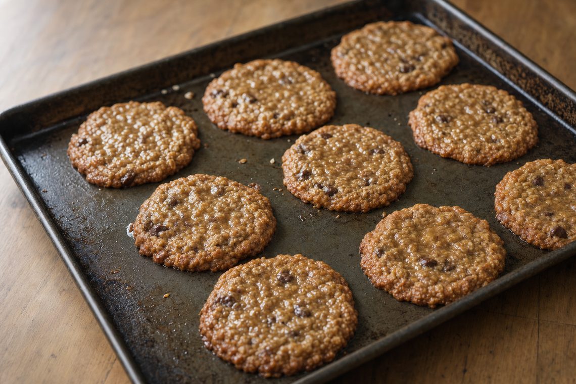 Oatmeal cookies resting on a hot baking sheet with edges set and centres still glossy.