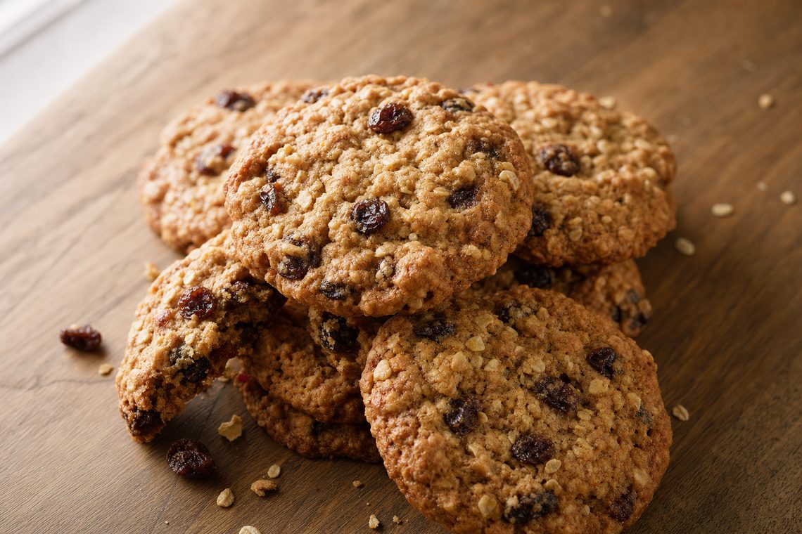 Soft, thick oatmeal cookies with a dense chewy interior.