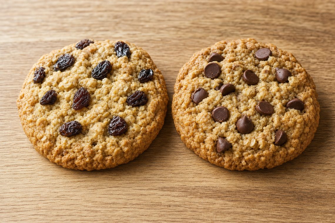 Two oatmeal cookies side by side, one with raisins and one with chocolate chips.