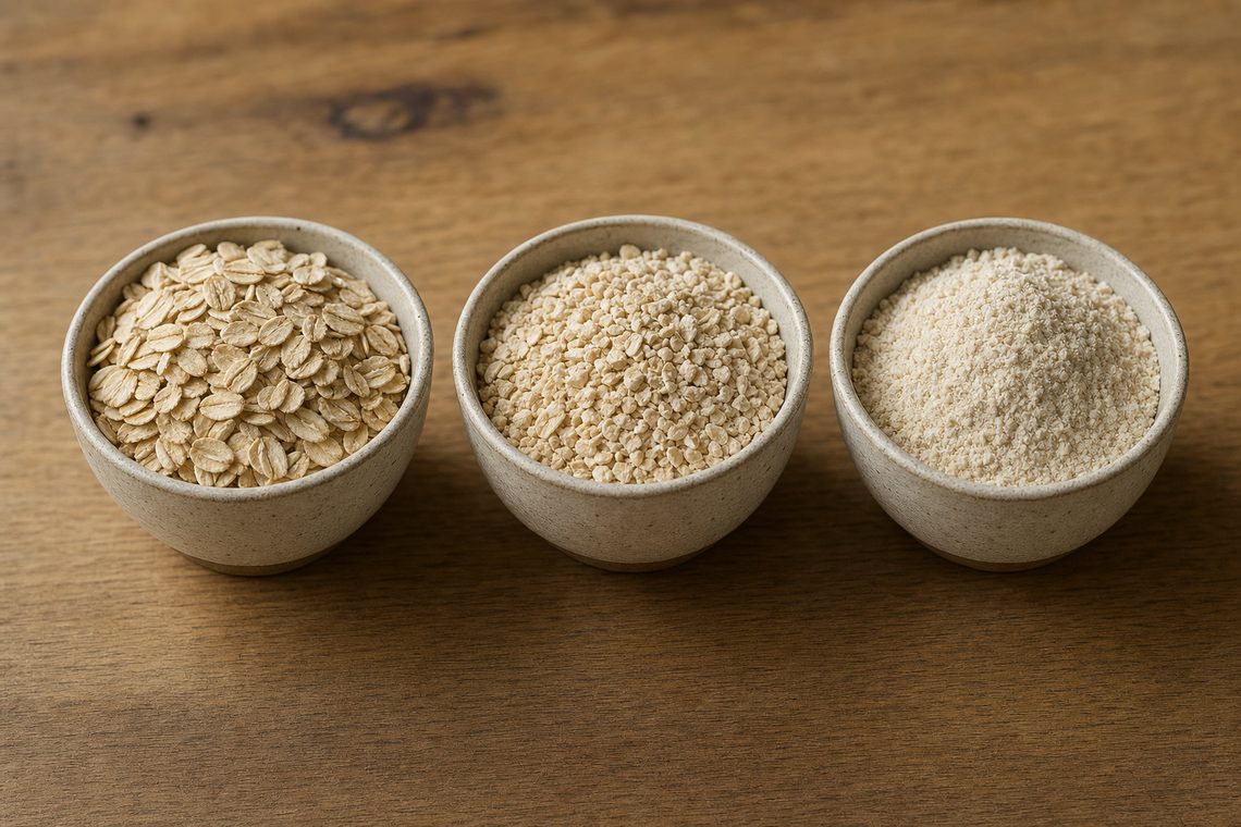Bowls of rolled, quick and instant oats side by side, showing the difference in flake size.
