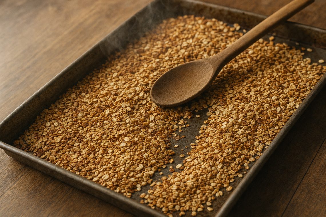 Rolled oats toasting on a baking sheet, some pale and some golden.