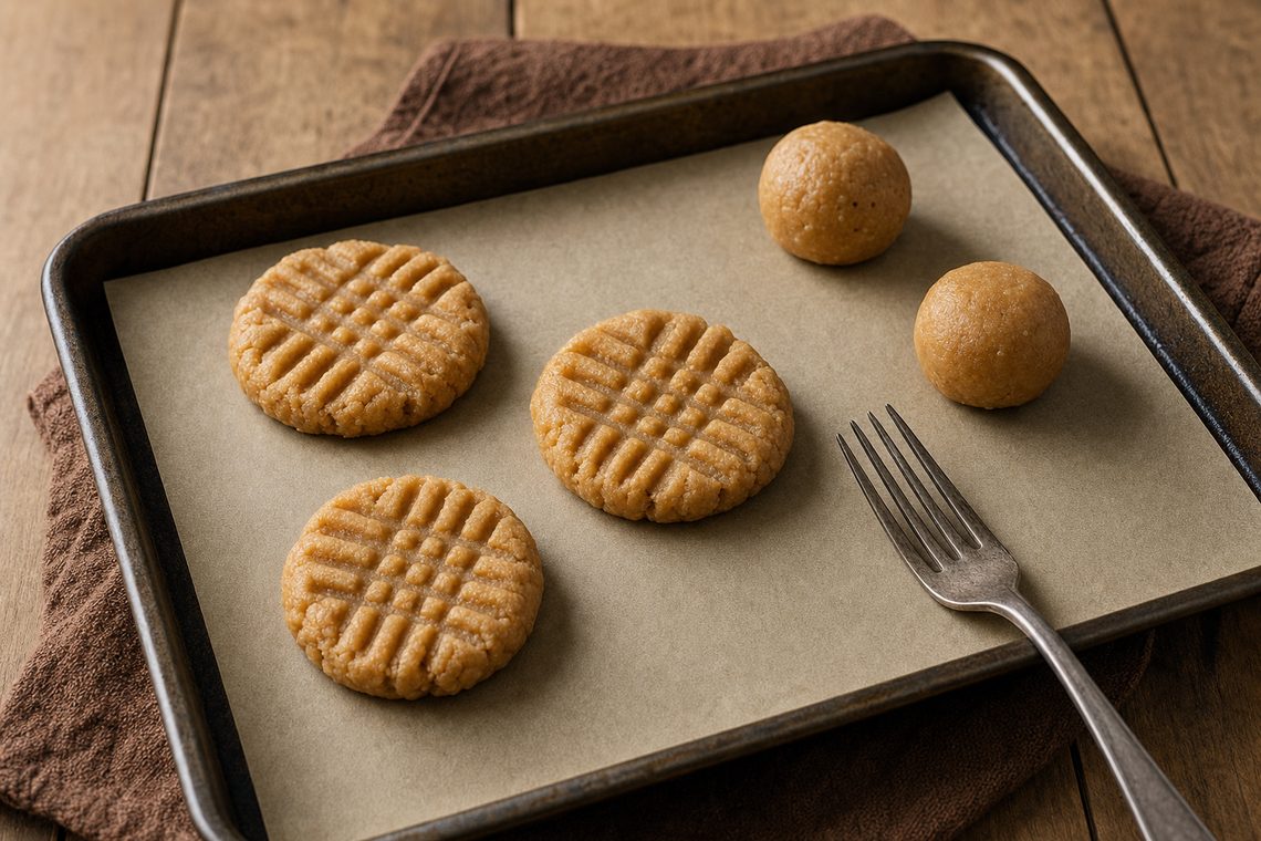 Peanut butter cookie dough balls on a tray, some pressed with a criss-cross fork pattern and some still round.