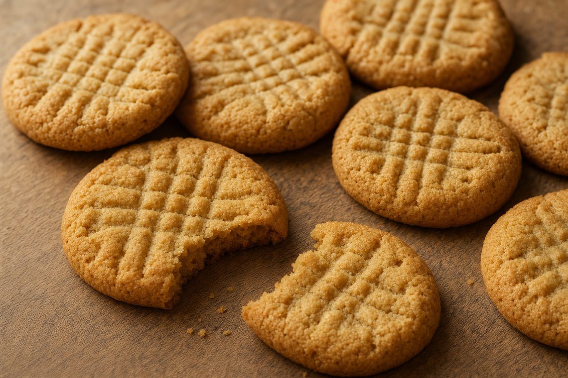 Peanut butter cookies with fork-marked tops, one broken to show a dense tender crumb.
