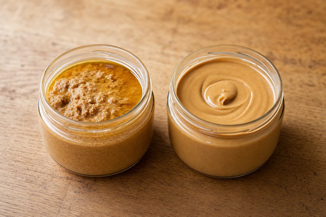 Two open jars of peanut butter, one natural with separated oil on top and one stabilised and smooth.