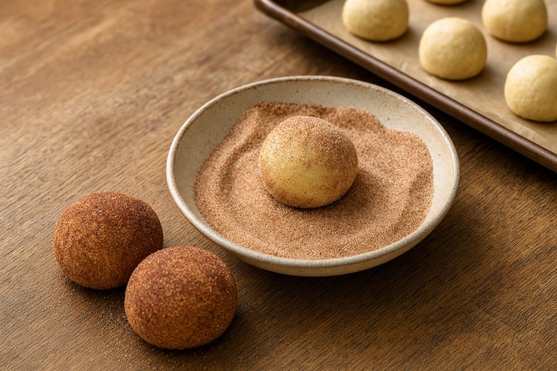 A ball of cookie dough being rolled in a bowl of cinnamon sugar.