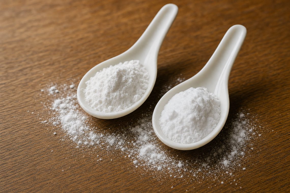 Two small spoons of white powder side by side, cream of tartar and bicarbonate of soda.