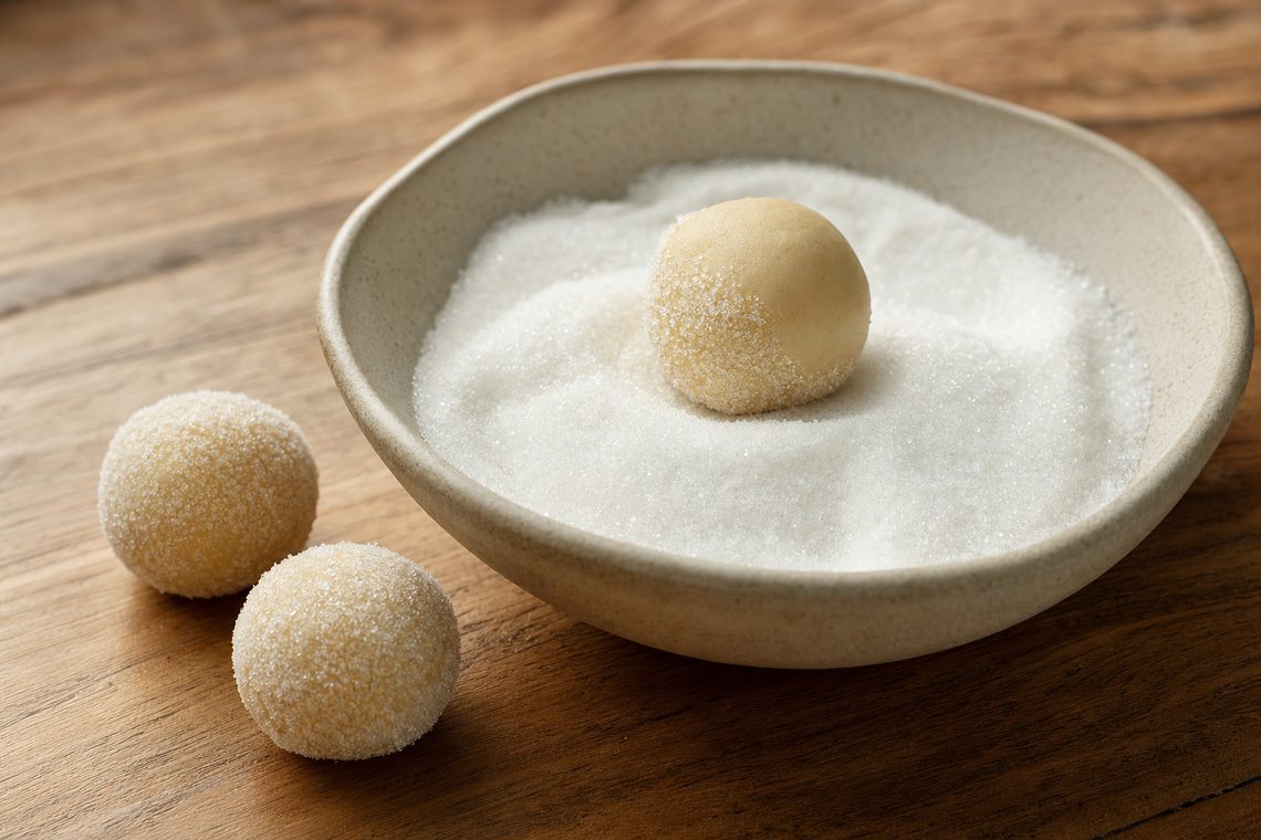 A ball of pale cookie dough being rolled in a bowl of granulated sugar.