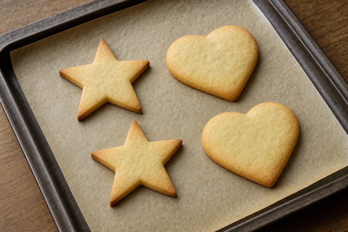Cut-out star and heart cookies, two with sharp defined points and two visibly slumped.