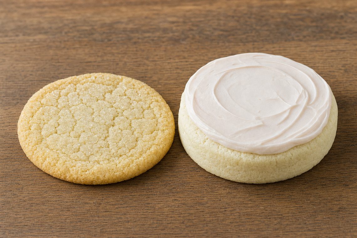 A thin crackled sugar cookie beside a thick pale frosted one.